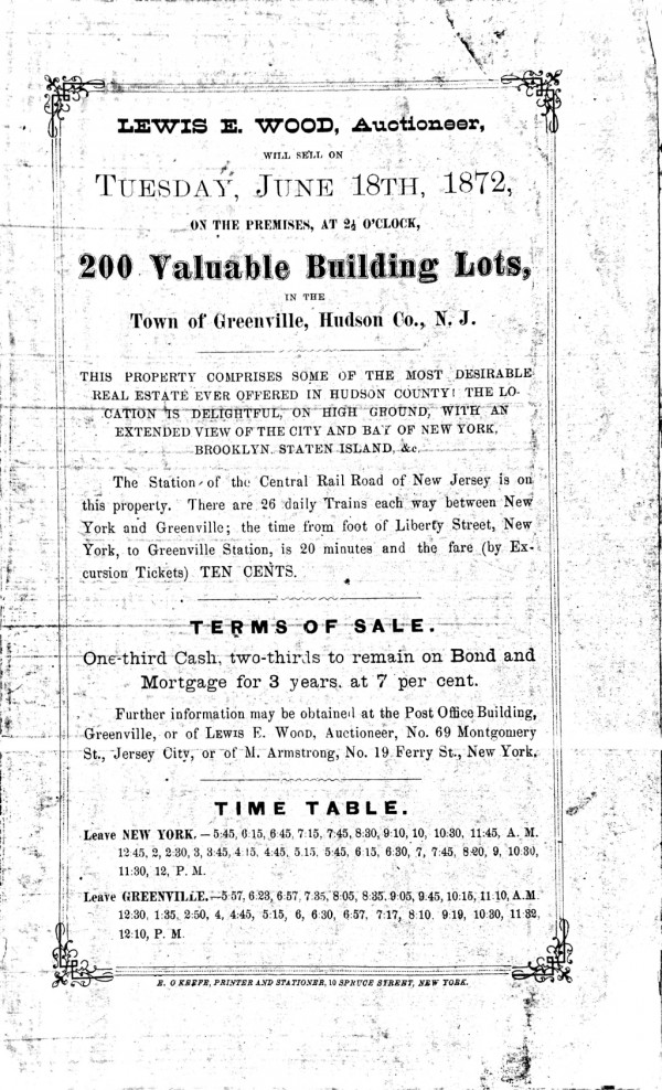 1872 Auction Advertisement with train schedule